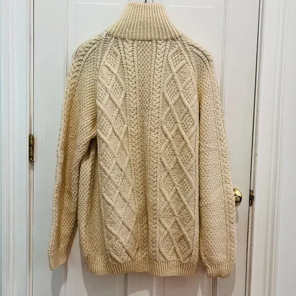 Carraig Donn Zip Up Sweater Cream Aran Cable Knit Fisherman Wool Ireland Heavy - Picture 11 of 16